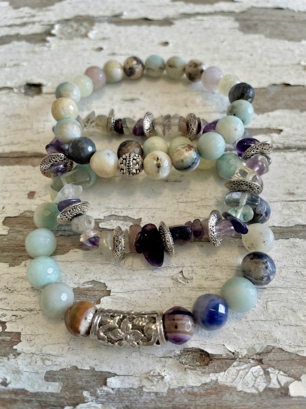 3 Green Faceted Aventurine & Fluorite & Silver Beaded Stretchy Bracelets
